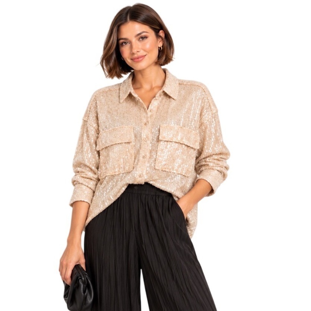 Pilcro Champagne Sequin Overshirt Shacket Statement Evening Party Size S